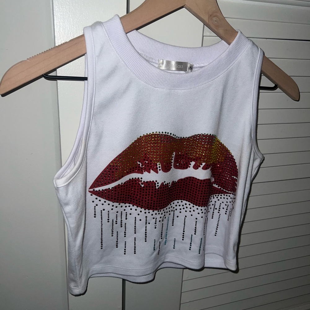 Crop Muscle Tank with Rhinestone Lips Graphic Tee